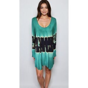 The Pyramid Collection Green High Low Tunic Dress Large L Long Sleeve Tie Dye
